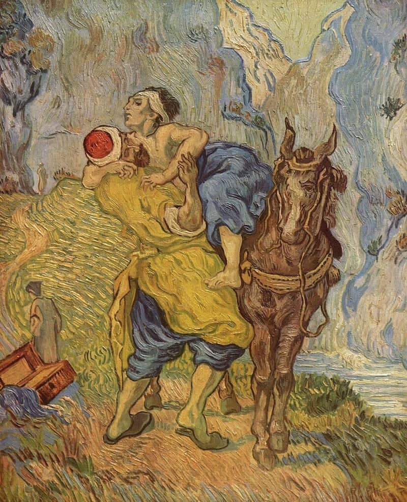 Van Goh's The Good Samaritan

A man in a yellow cloak and red hat helps a man stripped off his clothes onto a horse, while two devout men walk on a path in the background