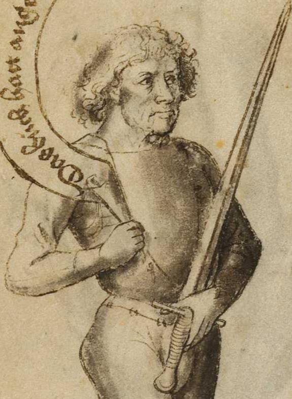 A medieval portrait of 15th Century German fight-master Hans Talhoffer, a man with curly hair holding a longsword and a banner inscription, from his 1467 Fight Book