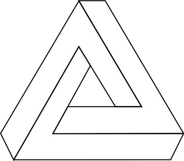 An "impossible triangle", a computer-generated 3D triangle with three bent-bar sides that go into each other as an optical illusion.