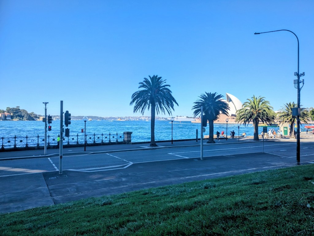 A picture of Sydney Harbour taken from the foot of the Harbour Bridge, with the shell-shaped Opera House behind palm trees on the right